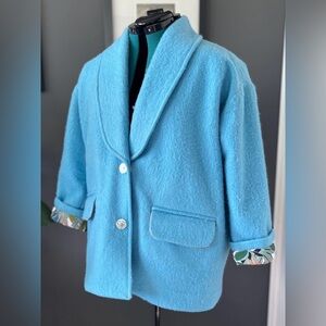 Handmade aquamarine blanket coat, botanical lining and welt pockets, ladies' M-L